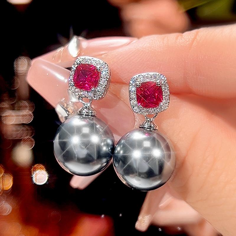 Jewelry Copper Bottom Gold-Plated Red Corundum Gray Pearl Premium Set Women 14-12M