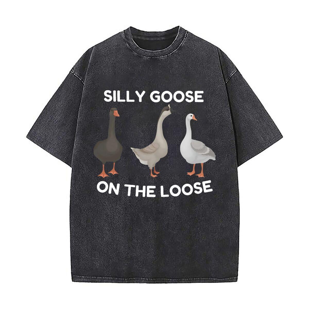 Silly Goose Humorous Art Retro Washed Distressed T Shirt Men Summer Casual Short Sleeve S