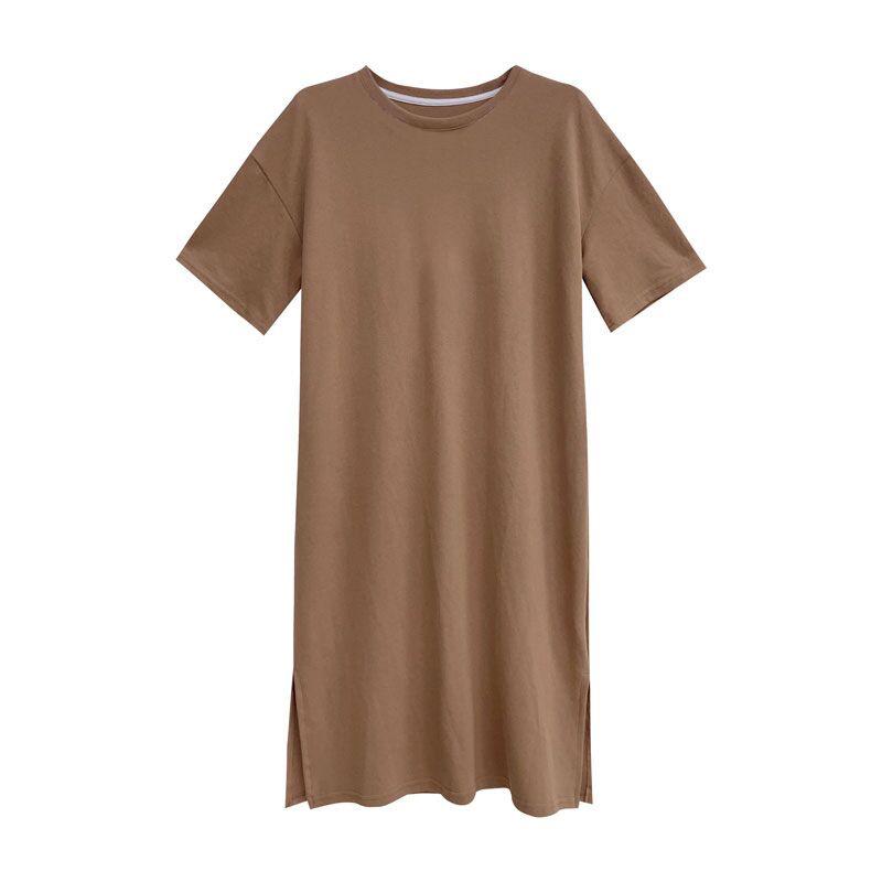 Plus Size Women's Summer Slit Dress - Loose Fit, Crew Neck, Solid Color, Mid-Length, Short Sleeve Over-Knee T-Shirt Dress.