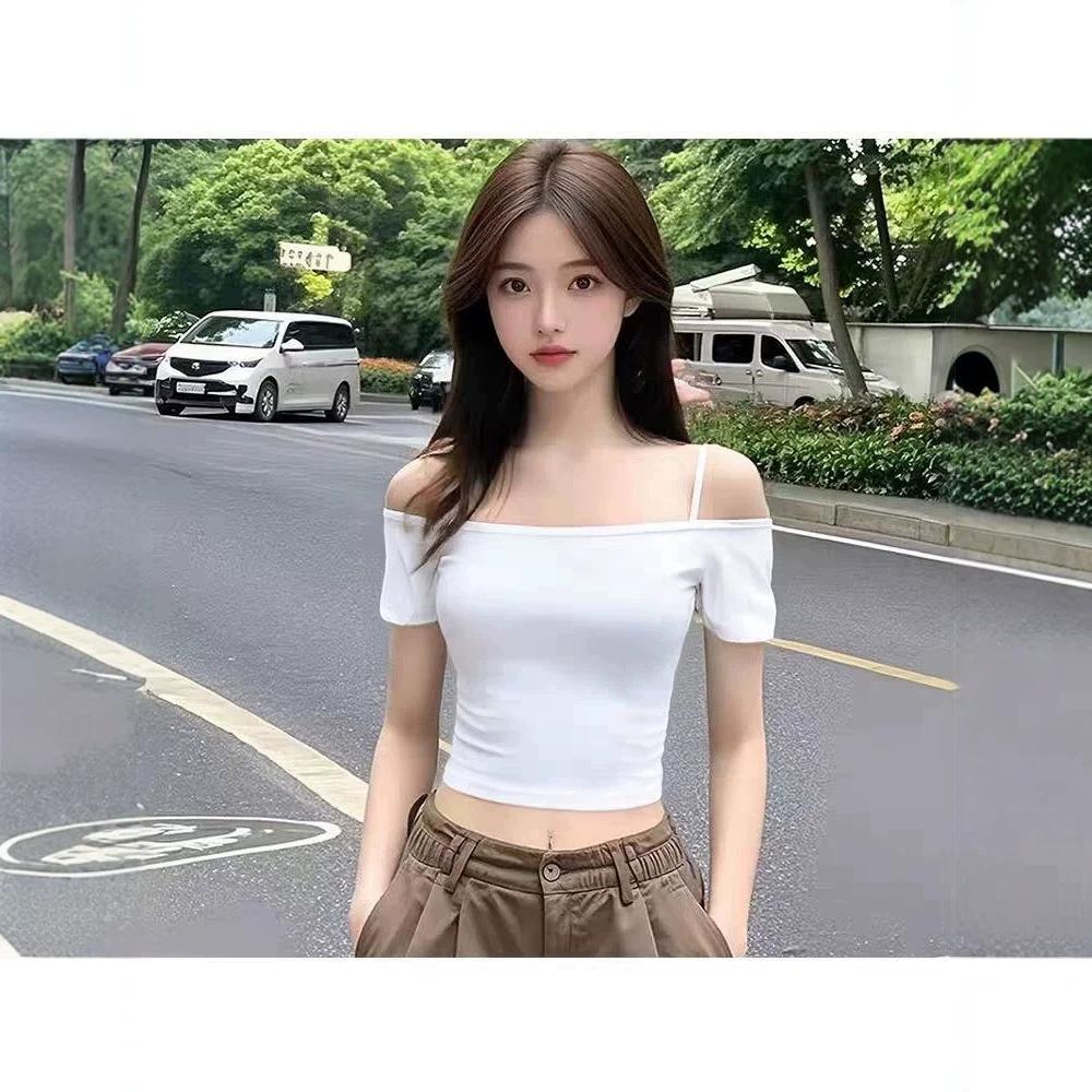 Summer New Off-the-shoulder Suspender Short-sleeved T-shirt Female Slim and Thin One-word Shoulder Short Sexy Belly Button Top Trendy