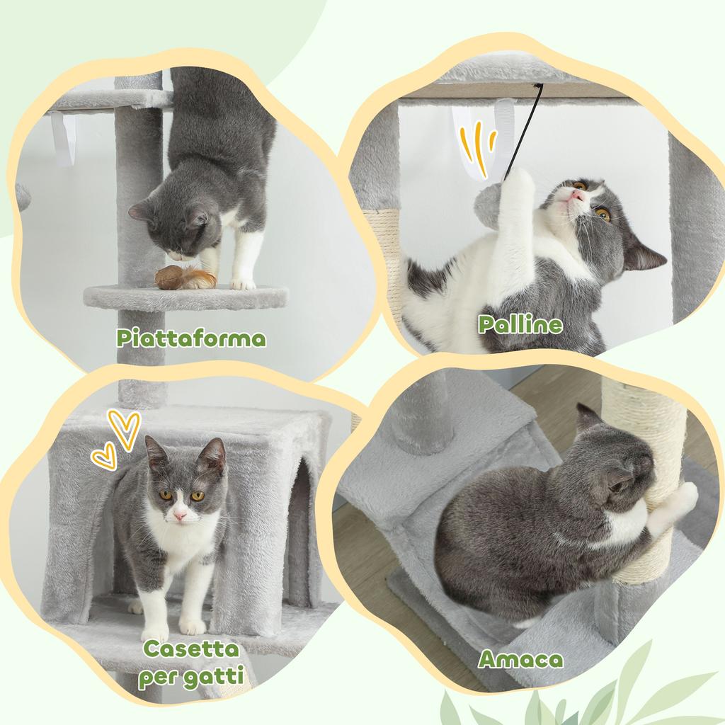 Adjustable Height Ceiling Cat Tree 225-255cm with House and Hammock, Light Grey