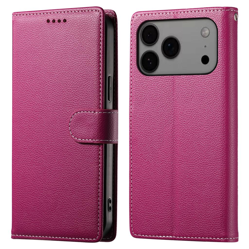 For iPhone 17 Pro Max Case Magnetic Snap Litchi Texture Leather Wallet Phone Cover with Wrist Strap