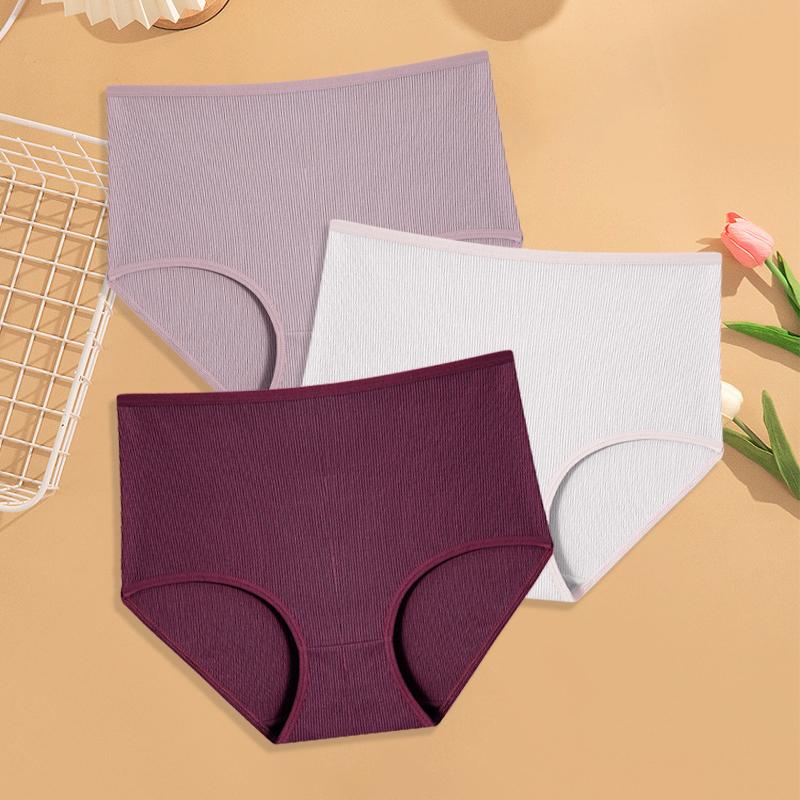 3Pcs Women Cotton High Waist Underwear Breathable Striped Panties Female Plus Size Solid Color Briefs Comfortable Lingerie S-XXL