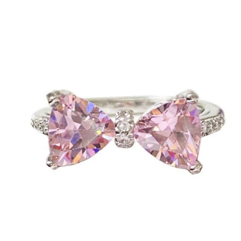Lovely Princess Pink Ring Adjustable Bowknot Ring Sweet Ins Style Diamond Ring Jewelry For Women Birthday Party Gift Accessories