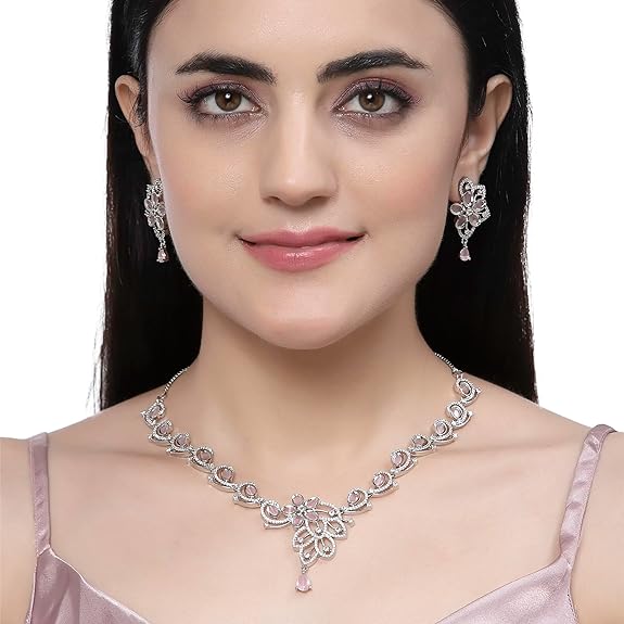 Rhodium-Plated American Diamond Studded Floral & Paisley Shaped Necklace With Earrings Jewellery Set For Girls and Women