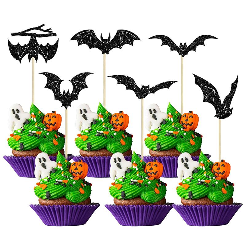 12/24Pcs Halloween Bat Cupcake Topper Black Glitter Bat Cupcake Picks for Kids Halloween Birthday Party Cake Decoration Supplies