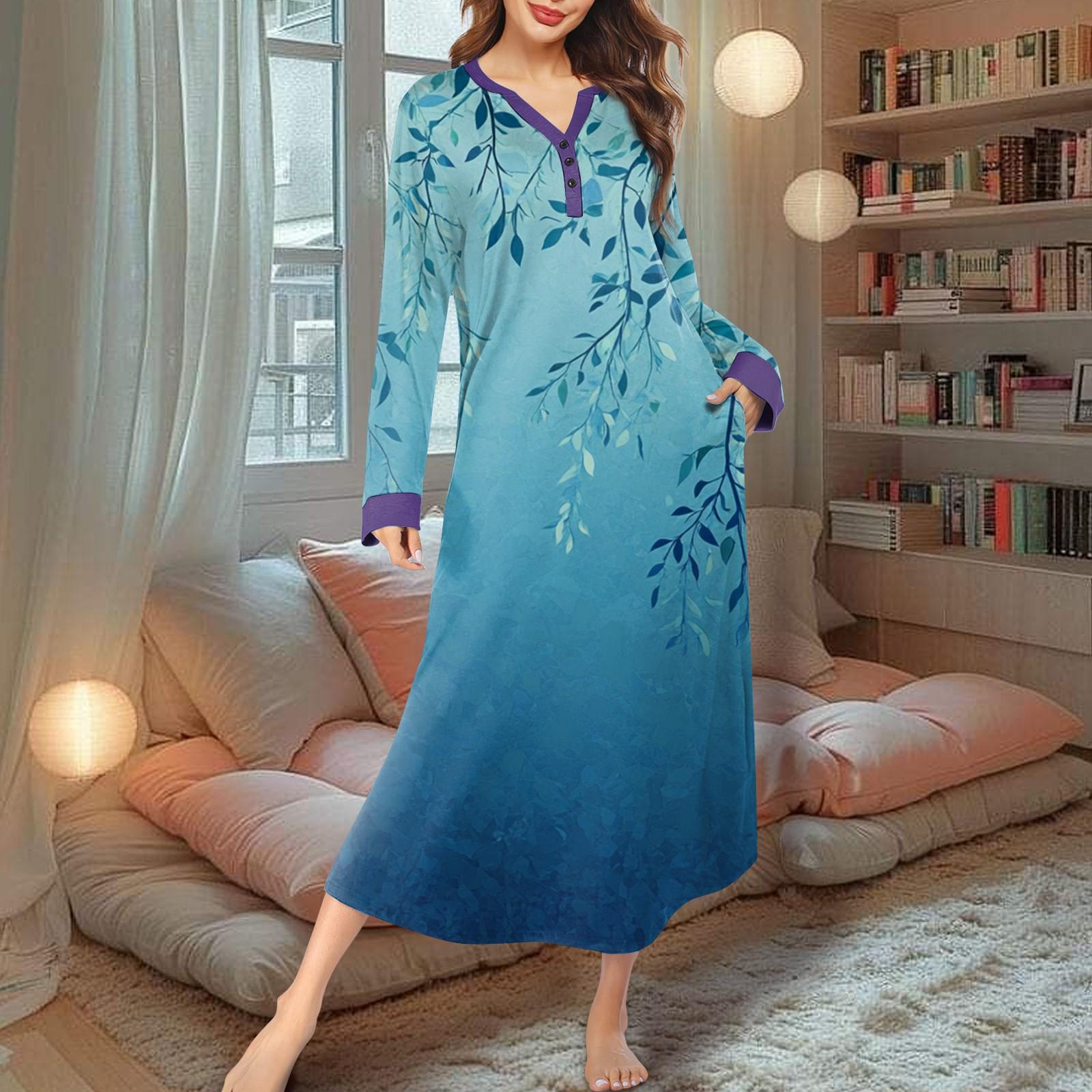 

Женская ночная рубашка, модный принт, длинный домашний халат, пижама с V-образным вырезом и карманами, платье XL циан