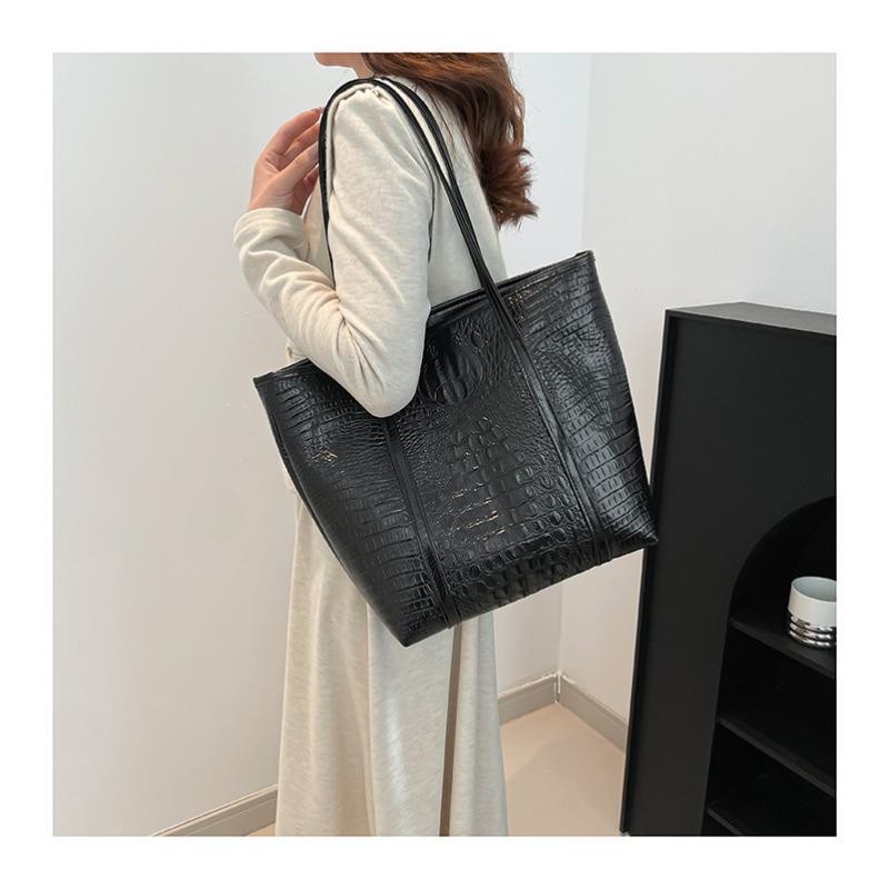 European Retro Crocodile Print Faux Leather Tote Bag for Women, Spacious Vintage Style Shoulder Handbag, Casual Daily Commute Work Bag CLE