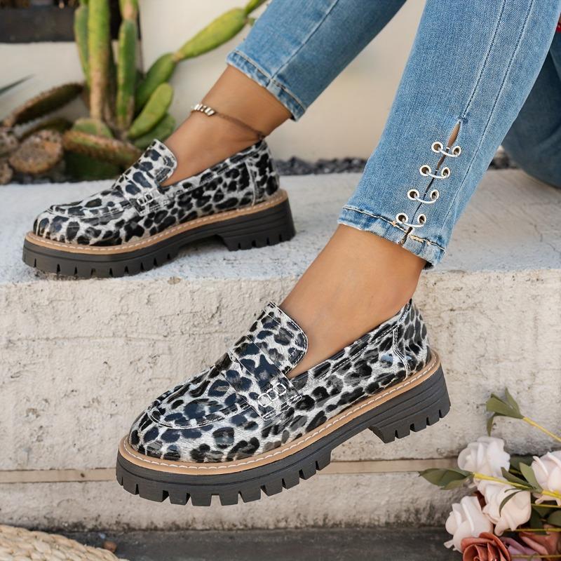 Women'S Retro British Style Loafers - Black & White Leopard Print, Chunky Sole, Slip-On Flats for All Seasons, Versatile Casual to Night Out Shoes