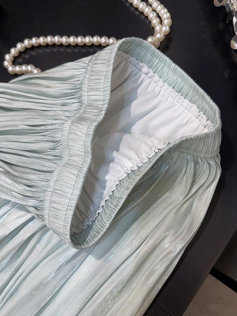 High-Waisted Retro Pleated A-Line Chiffon Skirt with Pearlescent Sheen