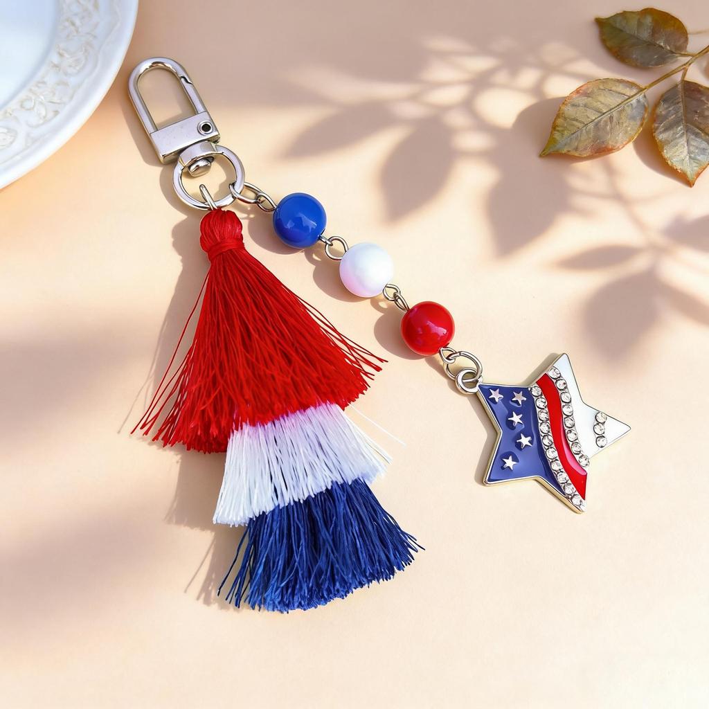 Independence Day Heart & Star Alloy Tassel Keychain Pendant