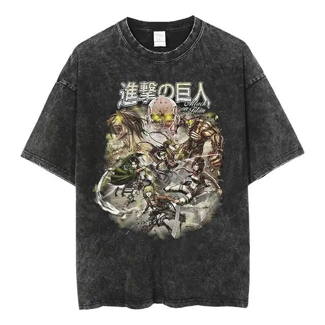 Cotton Top Titan Scout Anime Short Sleeve T-Shirt Sub-Graphic Attack Washed Summer Badge T-Shirt Men'S Retro