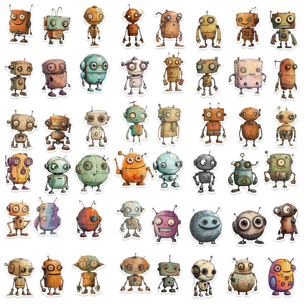 50Pcs Whimsical Robots Graffiti Sticker For Mobile Phones Refrigerators Computers Decor Waterproof Decals Cute Cartoon Stickers