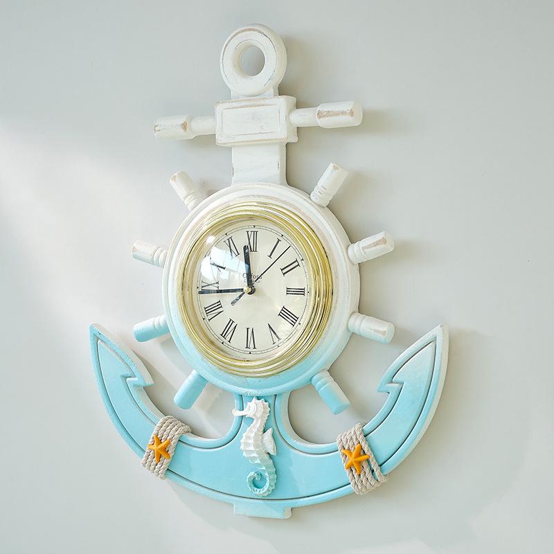 Vintage Mediterranean Ship Wheel Wall Clock - Distressed Wooden Decor for Living Room or Bar