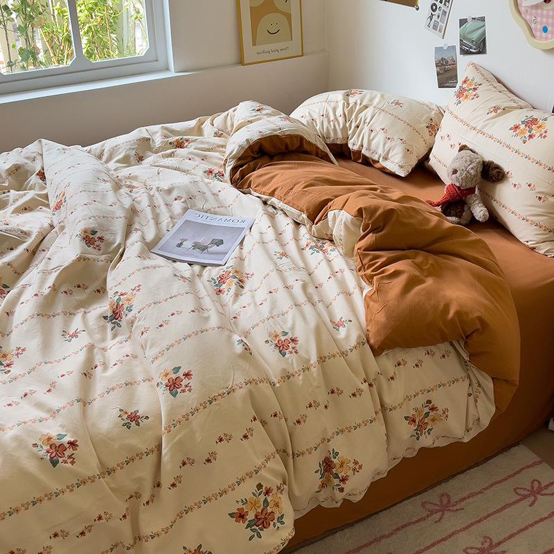 Class A Mother and Baby Grade Naked Sleeping Four-piece Set Fresh Washed Cotton Sheets Quilt Cover Bed Sheet Type Pure Cotton Three-piece Set