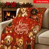2D Flat Printing 1pc Vintage Red Christmas Themed Cute Dog Flannel Blanket Soft and Breathable Single-sided Print Suitable for Bed