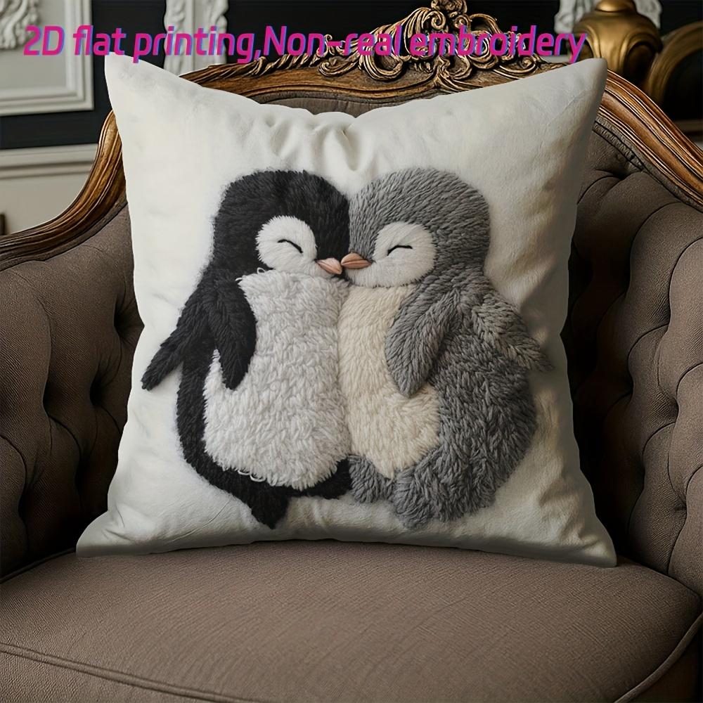Cute Hugs Penguins Pillow Cover 2D Style Fluffy Penguin Couple Print Cushion Case For Sofa Couch Cozy Home Decor
