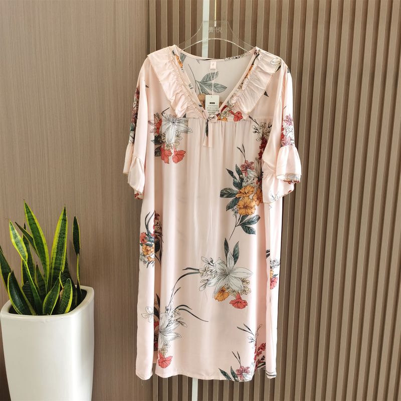 Artificial Cotton Nightdress Women's Summer Thin Plus Size Pajamas Short-Sleeved Artificial Cotton Dress Can Be Outerwear Homewear Maternity Dress