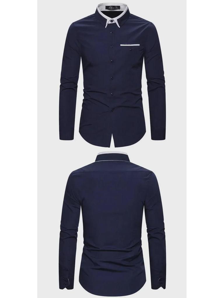 Men's Autumn Fashion Double Collar Solid Color Slim Fit Long Sleeve Shirt