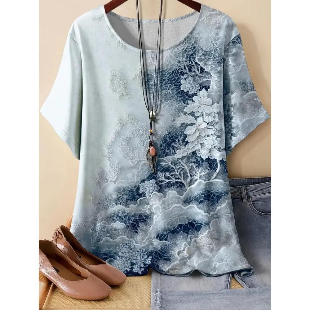 Damen Kurzarm T-Shirt Modisches Buntes Blumenmuster Bequem Locker Oversize Rundhals T-Shirt