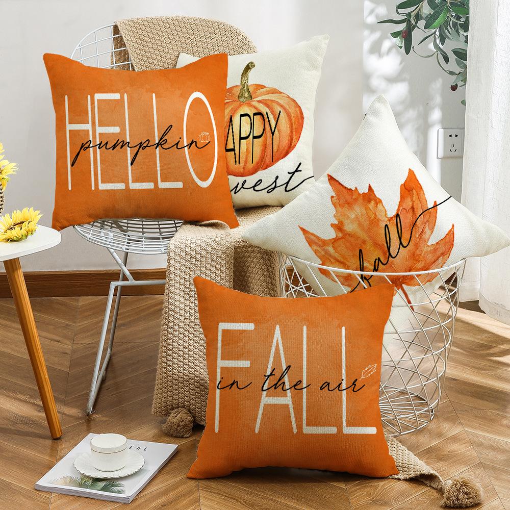 New Autumn Pumpkin Maple Leaf Orange Linen Printed Pillow Thanksgiving Home Sofa Pillow Cover