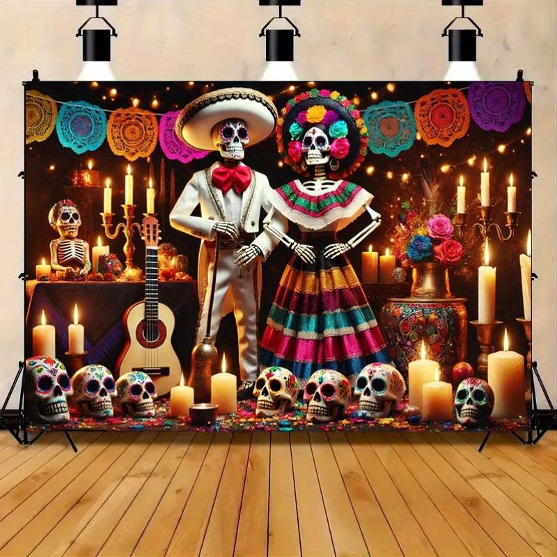 2D Background Banner, Made of Bright Polyester Material, Depicting the Grand Scene of the Day of the Dead In Mexico