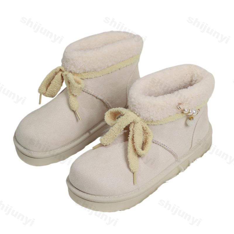 Fashion Women's Short Boots 2025 Winter New Outdoor Thicken Warm Slip on Snow Boots Comfortable Fashion Bow Knot Non Slip Cotton Shoes