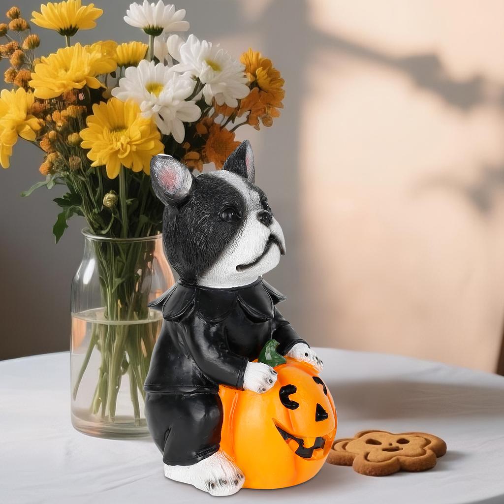 Halloween Resin Decorative Figurine Costume Dog with Pumpkin Lantern Ghost Animal Figurines for Holiday Display Farmhouse Decor