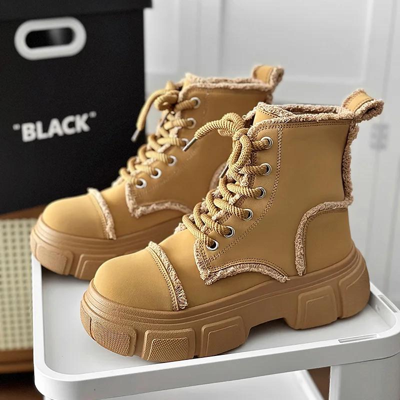 Fashion Men Boot Motorcycle Boots High Top Leather Botas Khaki Lace-Up Casual Height Increase Work Board Shoes Platform Non-slip Sneaker