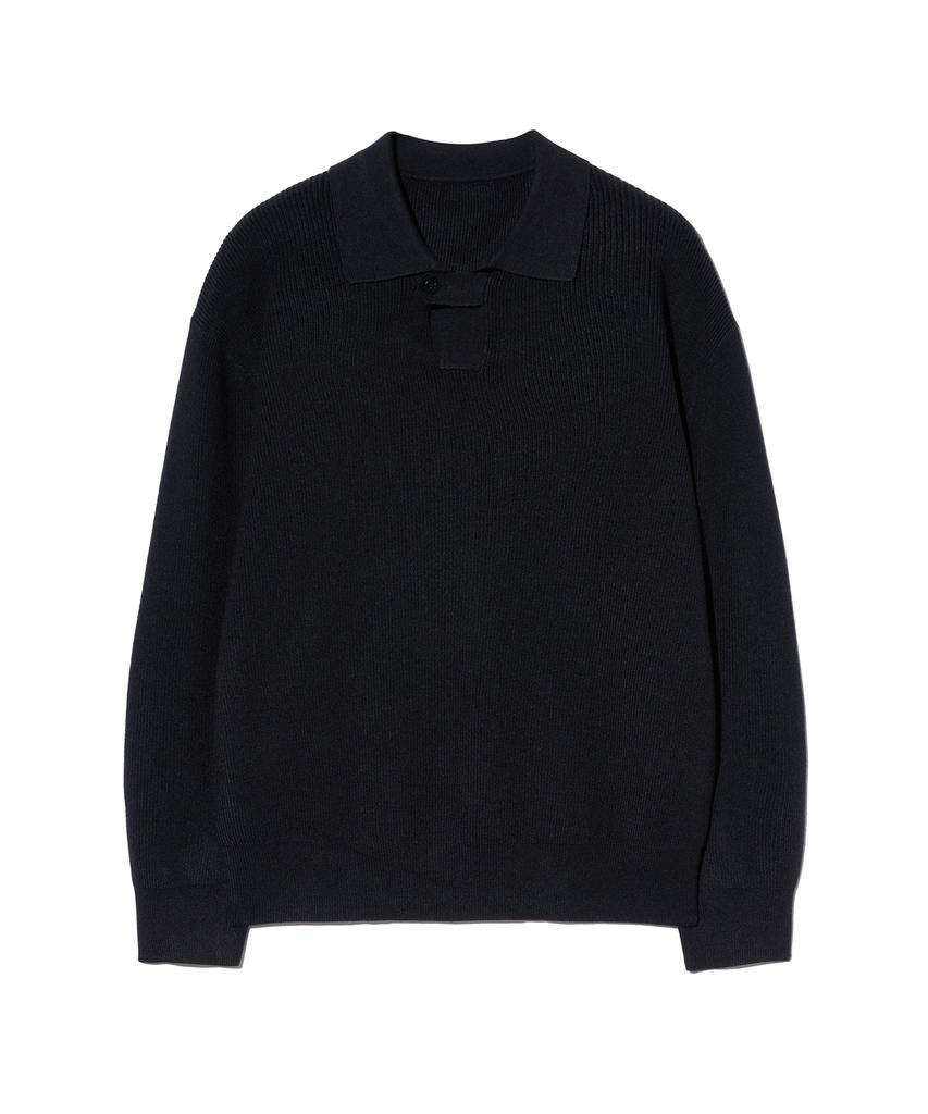 IRONYPORNO WHITELINE 86-Iroj367 Collared Placket Long Sleeve Knit Black