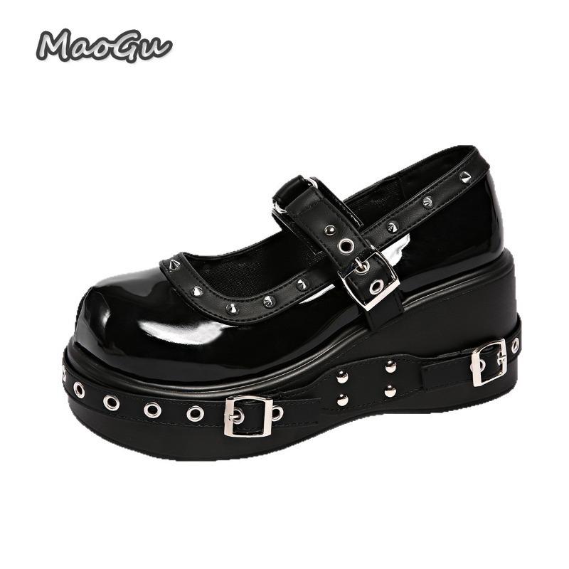 Large Size 35-42 Punk Women'S Mary Janes Black Pu Buckle Straps Street Style Ladies High Heel Pumps Thick Bottom Platform Shoes