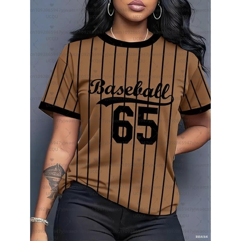 Women's Baseball Stripe Printed Round Neck Short Sleeve T-Shirt Summer Graphic Tee Jerseys Plus Size Men's Sport T-Shirt Tops