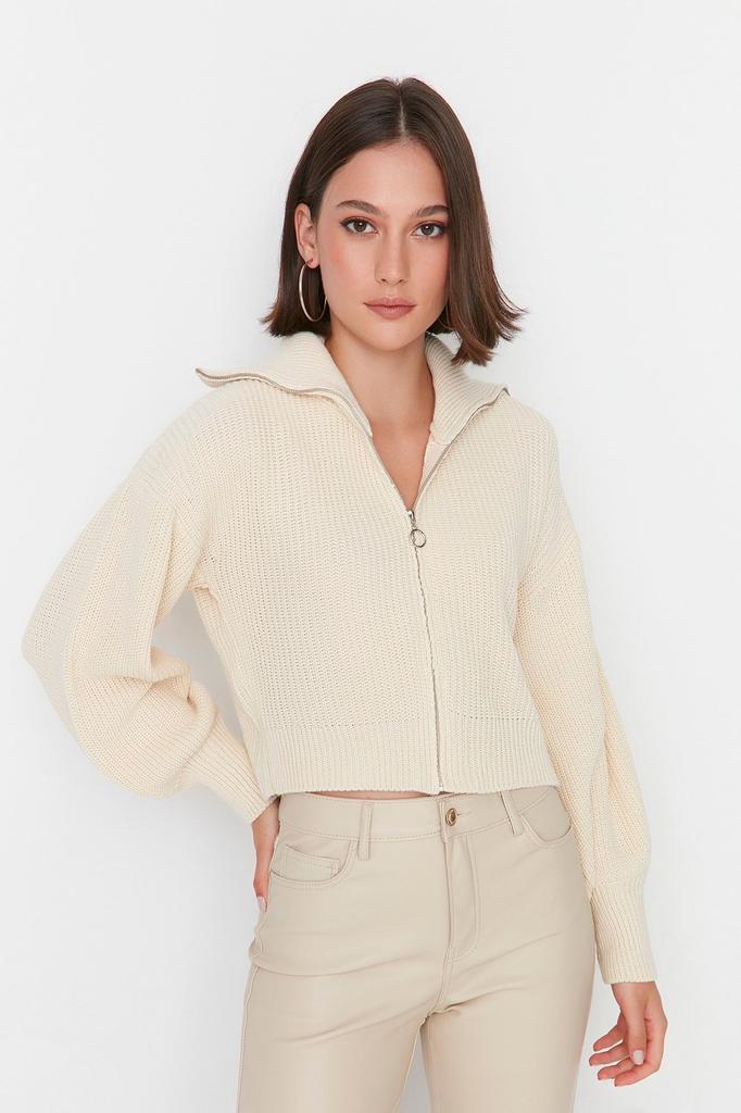 Sieviešu Elegance Style Jaka Melna Crop Trikotāžas jaka ar rāvējslēdzēju