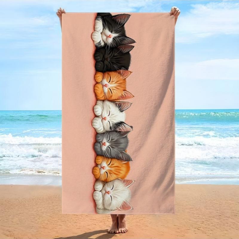 

1pc Oversized Soft Microfiber -Themed Beach & Bath Towel - Pink Tabby & Tuxedo Kitten Design with British Shorthair Pattern W40*H60(CM)