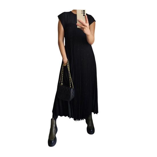 

Women s Summer Sleeveless Midi Dress Casual Crewneck Pleated A Line Swing Dress Flowy Long Party Dress S чорний