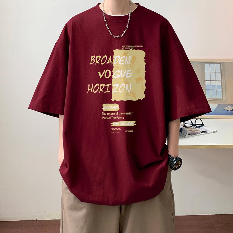 100% Cotton Printed Short Sleeve T-shirt Men's Half-sleeved Men's Fashion Brand Ins American Loose Body Shirt Men's Top