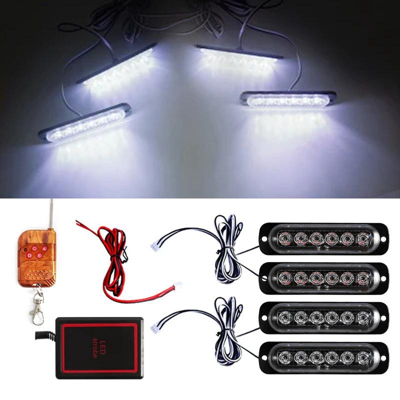 4PCS Grill Car LED Light Strobe Red Blue Emergency Remote Wireless Control Flash Signal Fireman Beacon Warning Lamp Yellow White