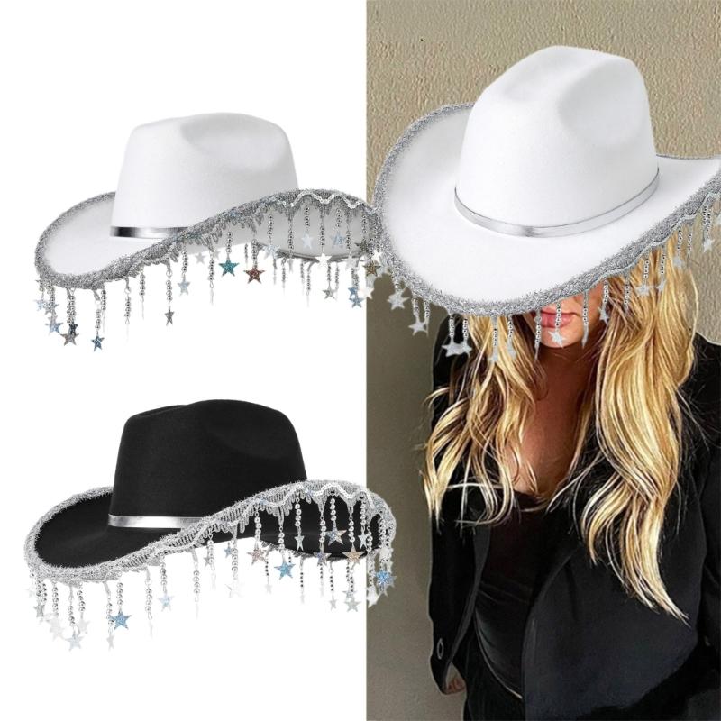 Shimmering Sequins Star Fringe Cowboy Hats Woman Female Lightweight Cowboy Hats Western Party Hat Male Windproof Hat