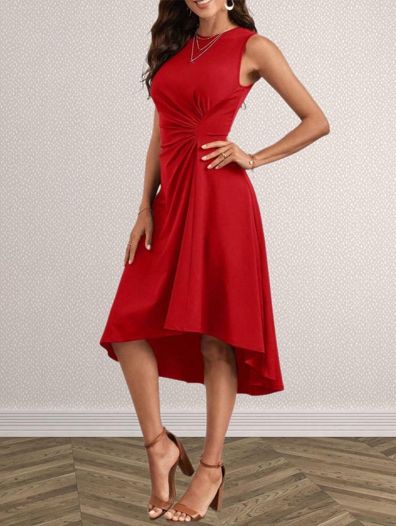 2026 European & American Slim Fit Solid Color Slit Long Sleeve Round Neck Dress