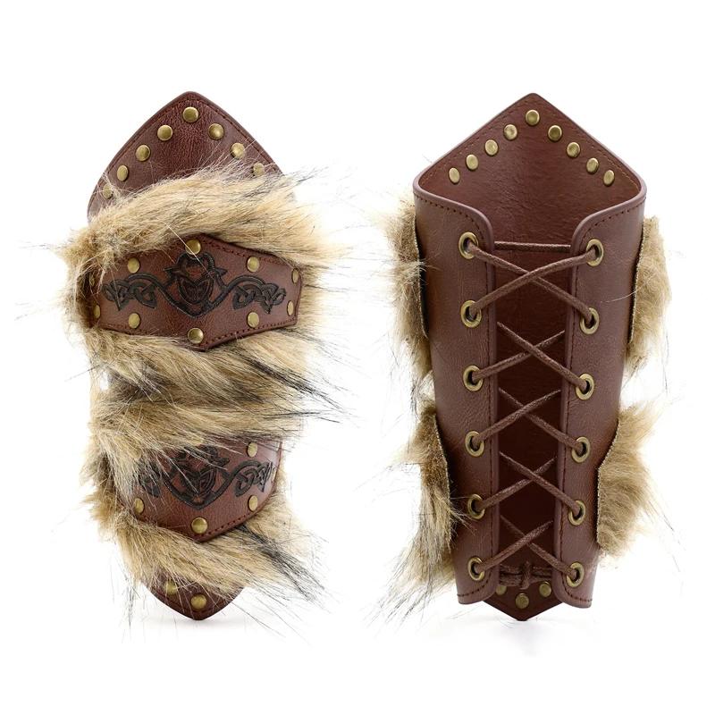 Steampunk Arm Guards Faux Leather Wrist Bracers with Fur Medieval Style Armor for Halloween Cosplay Costume Accessories