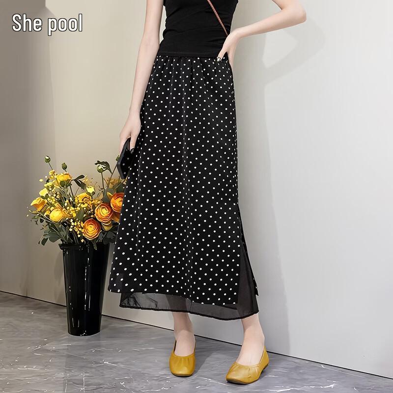 French Elegant Polka Dot High-Waisted Slit Midi Skirt XXL