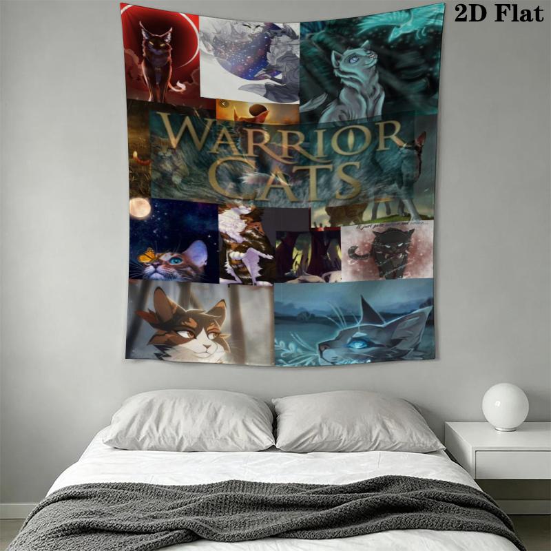 Cat Warrior Wall Tapestry Aesthetic Wall Hanging Printed Fabric Blanket Decorative Tapestries for Bedroom Living Room Home Decor