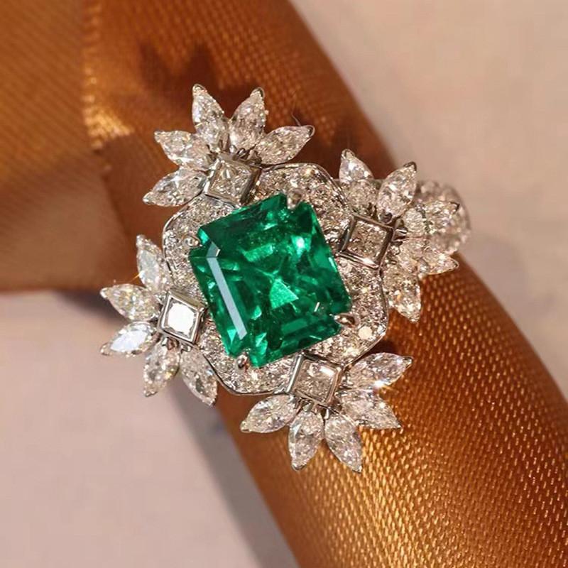 CopperGreen Zircon Ring For Women Luxury Square Full AAA Cubic Zirconia Wedding Flower Jewelry Gifts