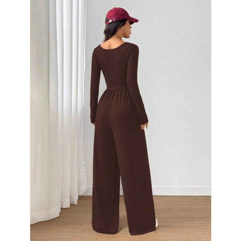 Women Fashion Casual Long Sleeve Square Neck Solid Wide Leg Jumpsuit