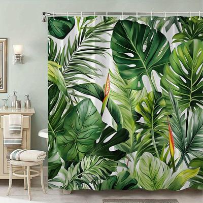 1pc Tropical Leaves Shower Curtain , Polyester,12 Hooks, Monstera, Banana, Elephant Ear, Bird's-Foot Clover Design