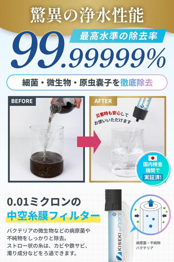 KISEKI Portable Water Purifier Bacteria Removal Disaster Disaster Preparedness Filter Japanese [99.99999% Rate] Preparedness, Stockpiling,