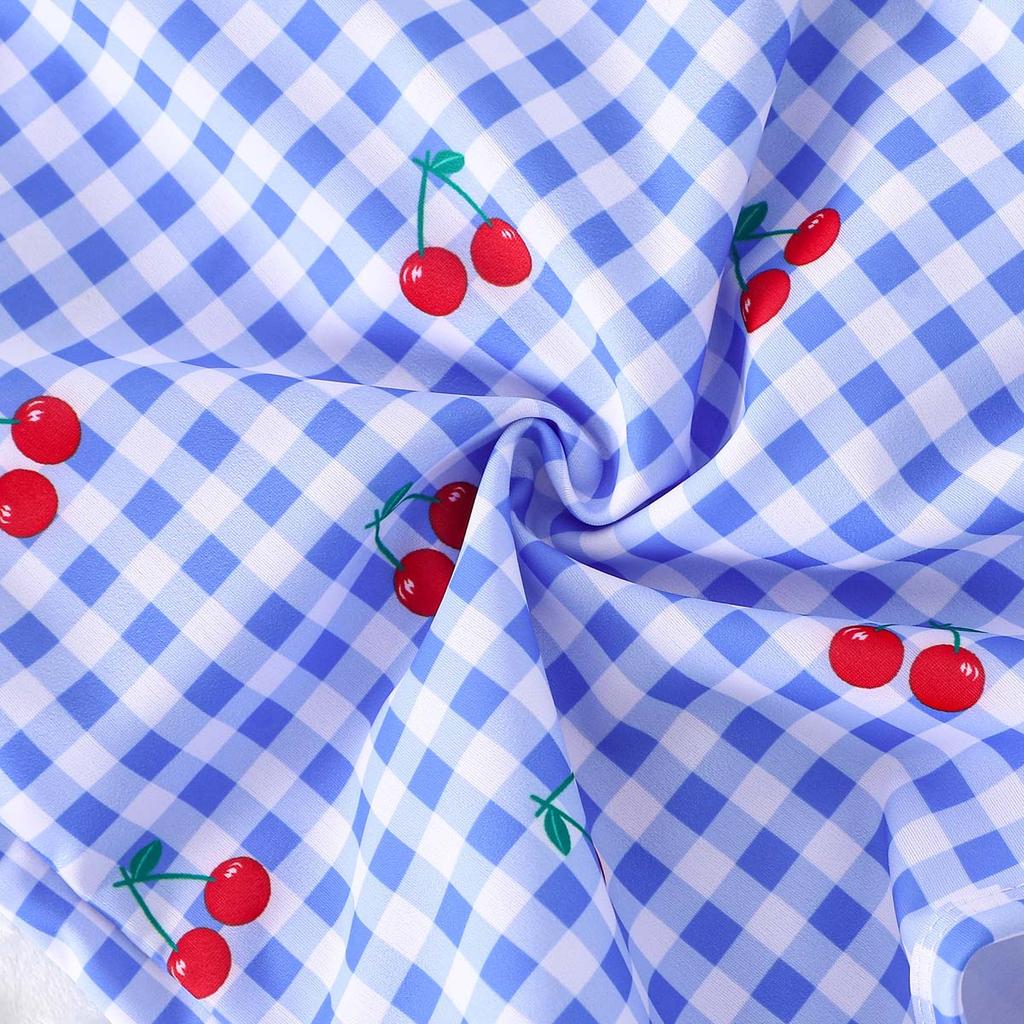 Cute Cherry and Plaid Print Girls One Piece Swimwear Ruffled Flutter Sleeves and Hem Summer Hot Sale for 4 7 Years Girls Pool Beach Wear