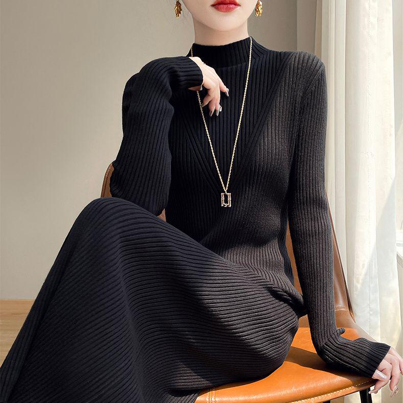 Women s Elegant Knit Wool Dress - Half-High Collar, Slimming Base Layer for Autumn/Winter S (Under 100 jin) чёрный
