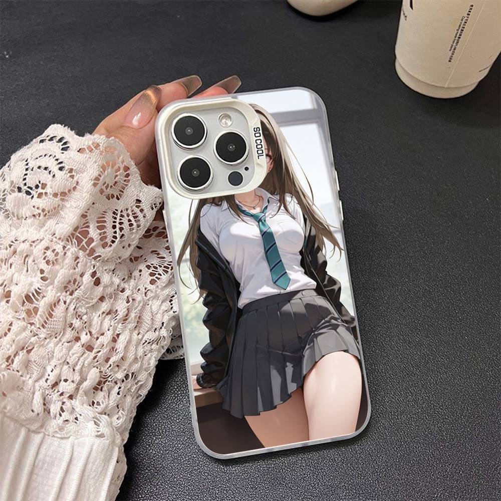 Cute Cartoon Japanese Anime Girl Colored Silver Frosted For iPhone Phone Case 17 16 15 14 13 12 11 Pro Max XR Plus Shockproof
