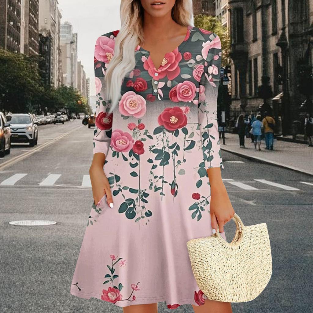 Women's Summer Dress Loose V Neck Three-quarter Sleeve Sundress With Pockets Dress